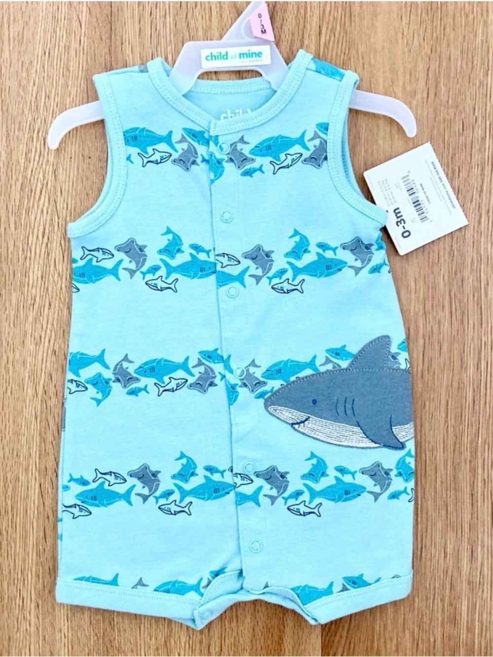 Child of Mine Baby Shark Sleeveless Romper 0-3M Blue Ocean Print NWT